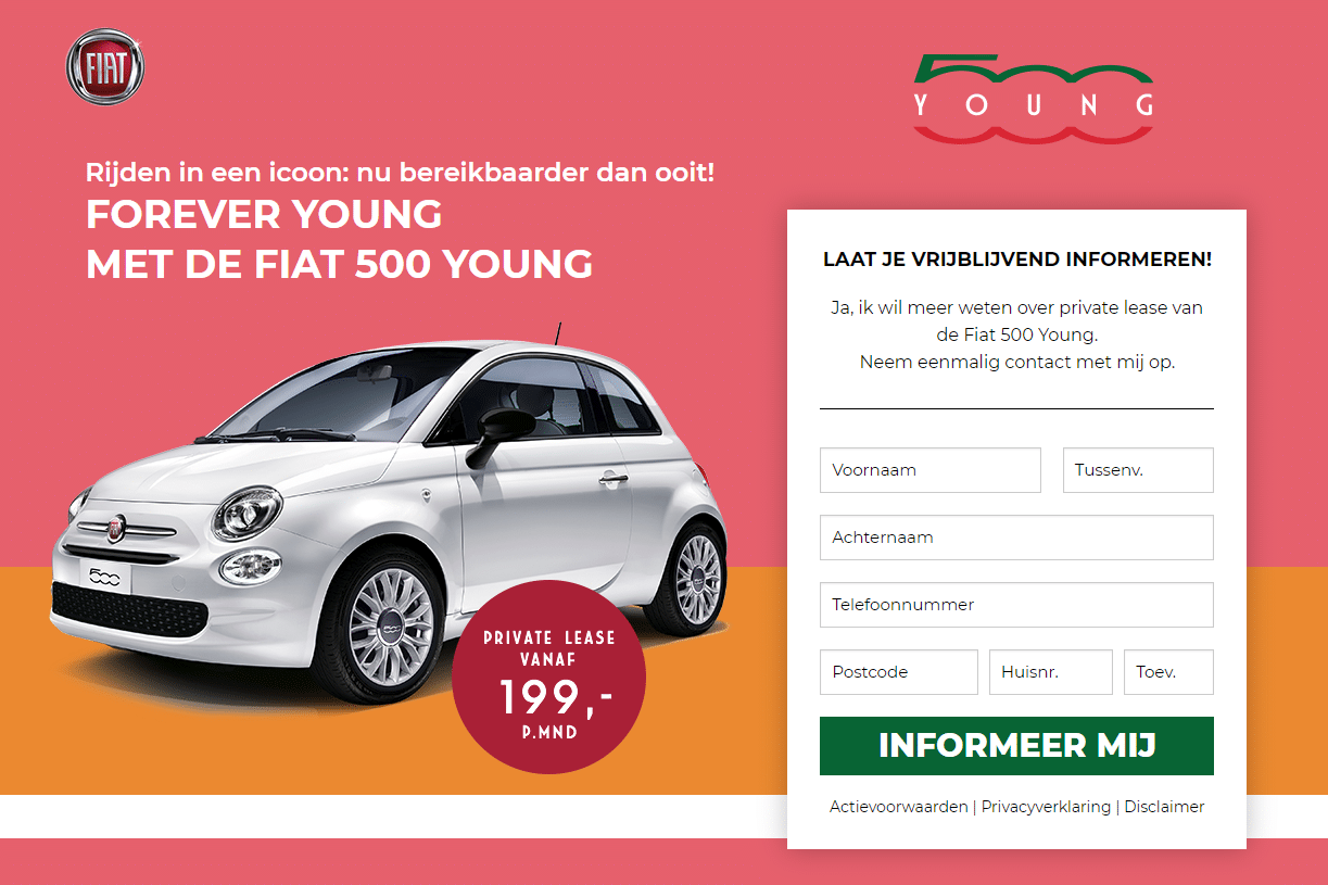 Is een autolease beter dan een auto koop? Laat je gratis voorlichten of het leasen van de Fiat 500 Young voor jou de beste optie is. Laat je gratis informeren.