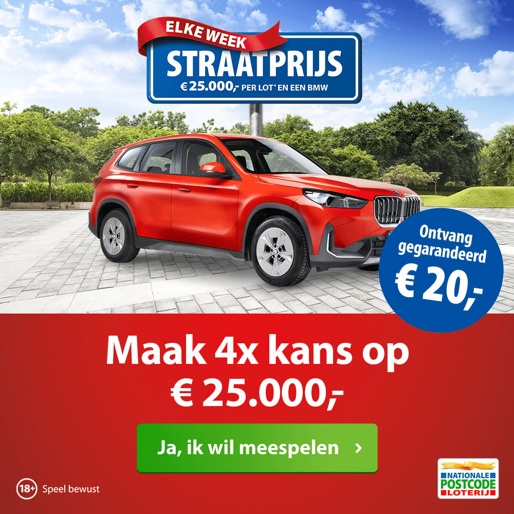 De straatprijs is weer gestart. Elke week kans op € 100.000,- en meer hoge prijzen. Direct 4x kans op € 25.000,-. Elke maand winnen 60.000 postcodes een mooie prijs!