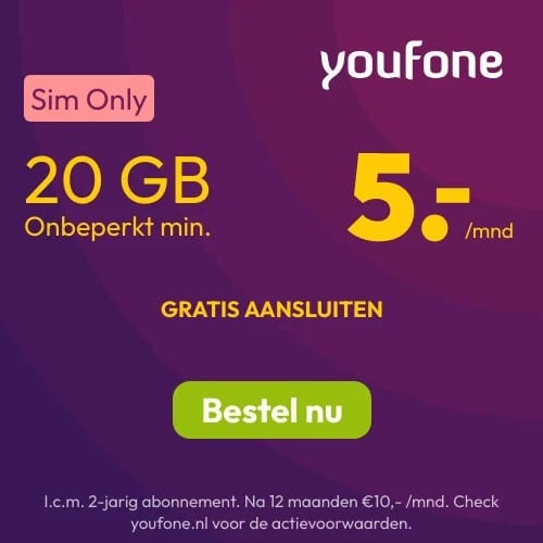Youfone Sim Only deals 20GB nu €5.-