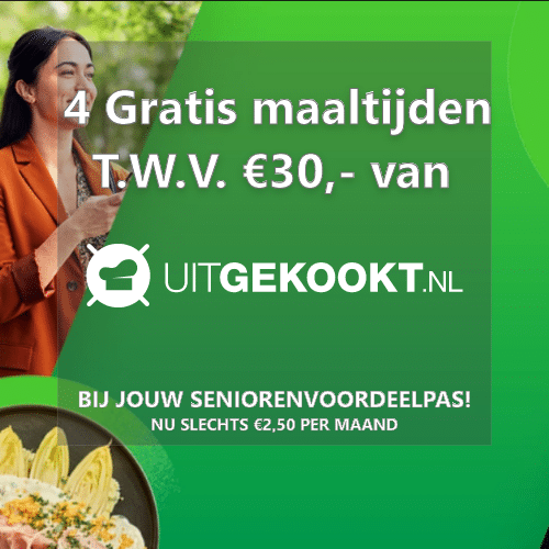 Laat je gegevens achter en bemachtig de Seniorenvoordeelkaart voor maar €2,50 per maand, inclusief 4 maaltijden van Uitgekookt ter waarde van €30.