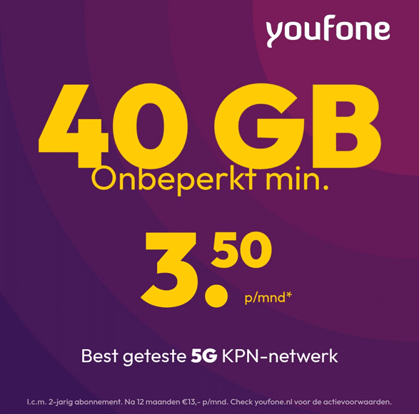 Youfone Sim Only deals 40 GB + Onbeperkt min/sms € 3.50 p/mnd