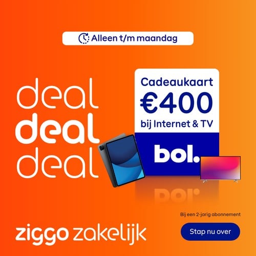 Ziggo Zakelijk 15 md 50% korting of Cadeaukaart t.w.v. € 400.-