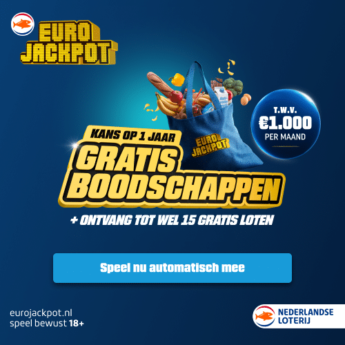 Gratis 15 Eurojackpot-loten t.w.v. € 30 en een jaar lang gratis boodschappen winnen ter waarde van € 12.000. Altijd kans op een prijs.