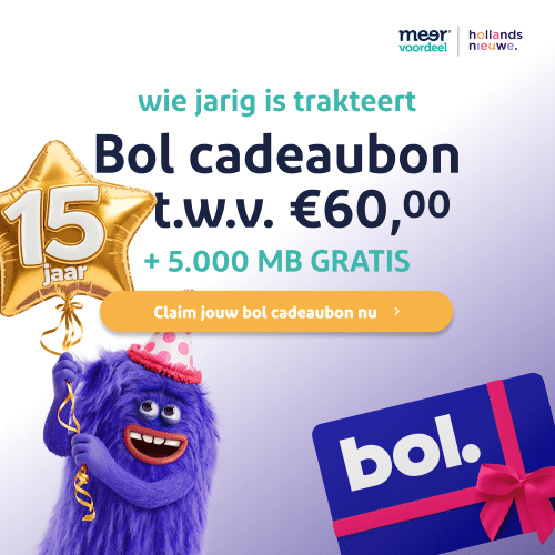 sim only deal met 20.000 MB plus 5.000 MB extra gratis voor slechts €4,50 per maand. Inclusief Bol cadeau €60.-