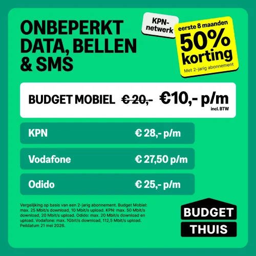 Budget Mobiel onbeperkt alles € 10 per maand + Gratis 50% Data