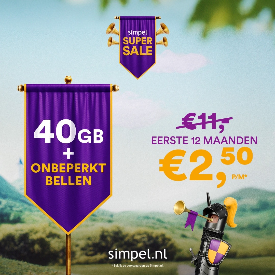 Simpel Sim Only 40GB + Onbeperkt bellen nu € 2.50 pm